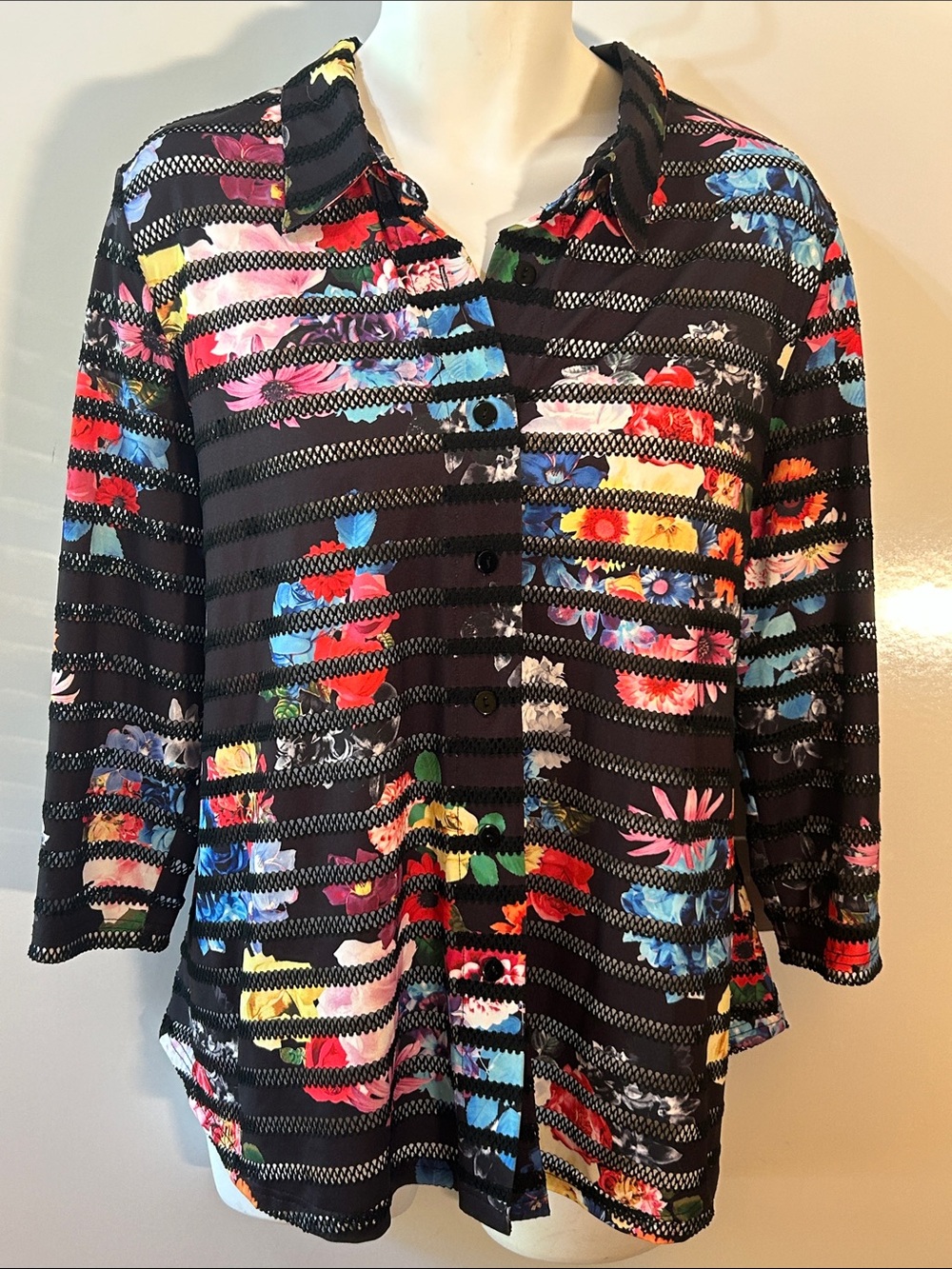 Ali Miles Sz 3X Black Floral Print Relaxed Blouse Modern Career Mesh Comfy Knit